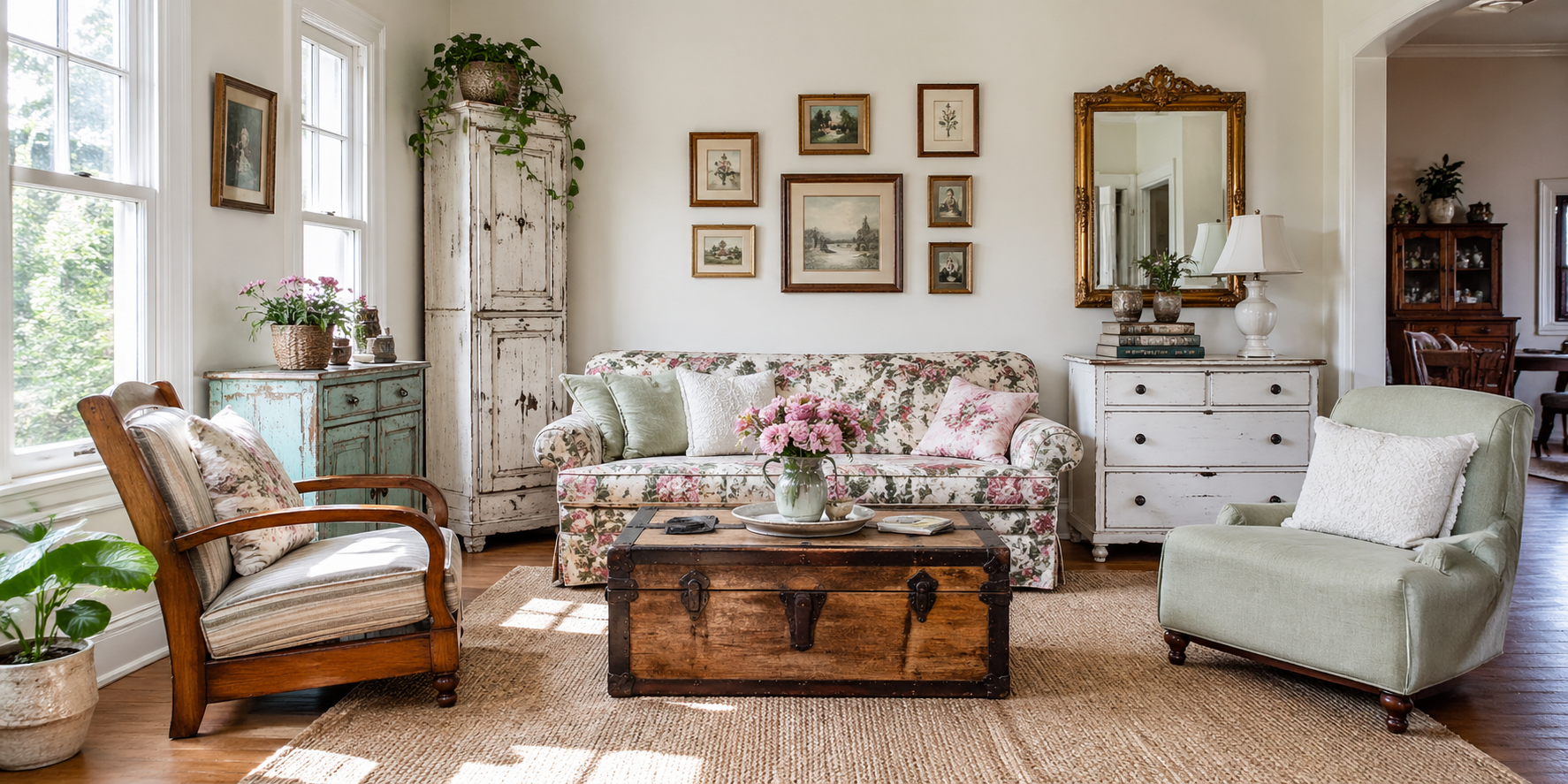 Living room with mix of antique and shabby-chic furniture, wooden armchair, vintage trunk coffee table, floral upholstery