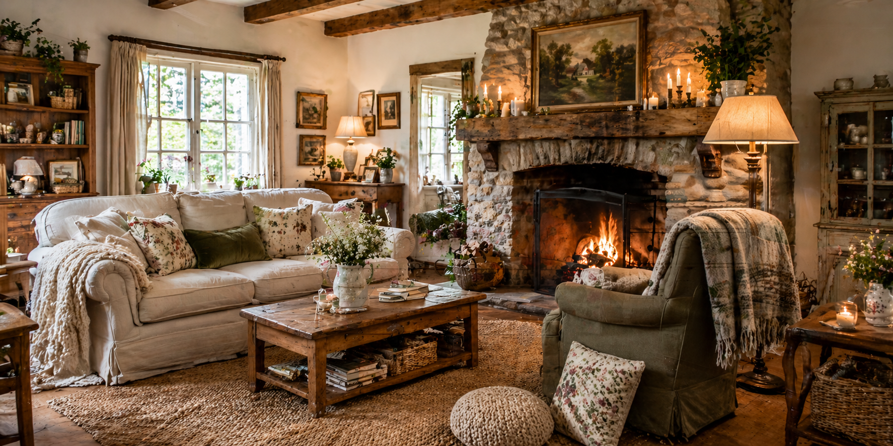 Cottagecore living room with stone fireplace, woven rug, armchair with plaid blanket, candles on mantel