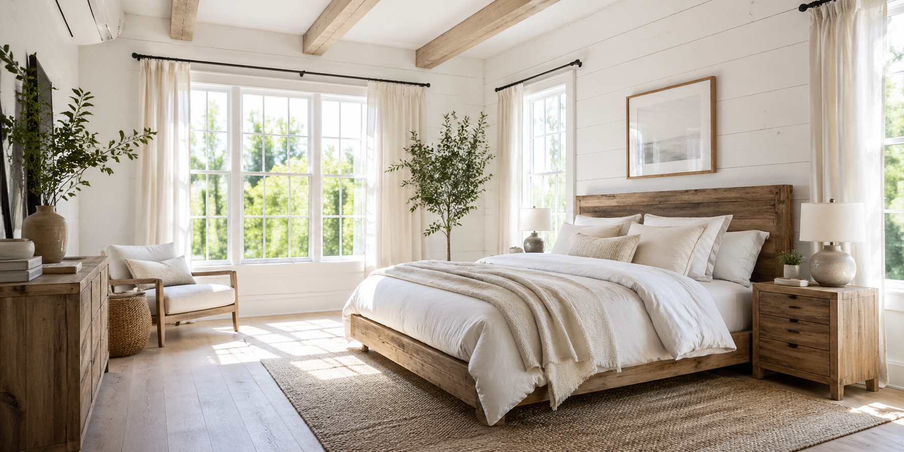 Bright bedroom with whitewashed wood walls, large windows, linen curtains, rustic bed frame, and sunlight streaming through