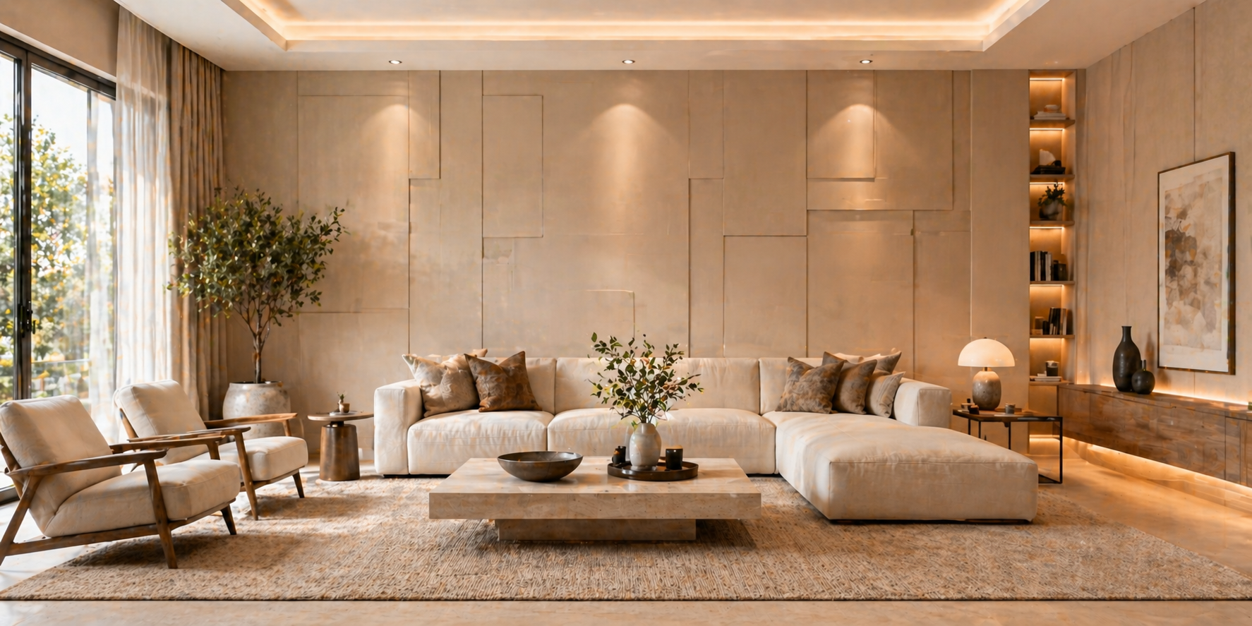 Modern living room with geometric wall panels painted in matte beige, minimal furniture, soft uplighting