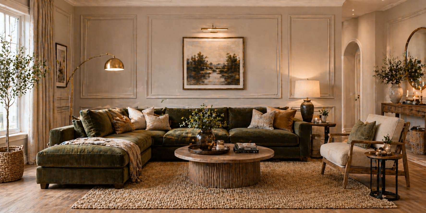 Living room with picture frame molding on beige wall, velvet sofa, gold floor lamp, and warm ambient lighting