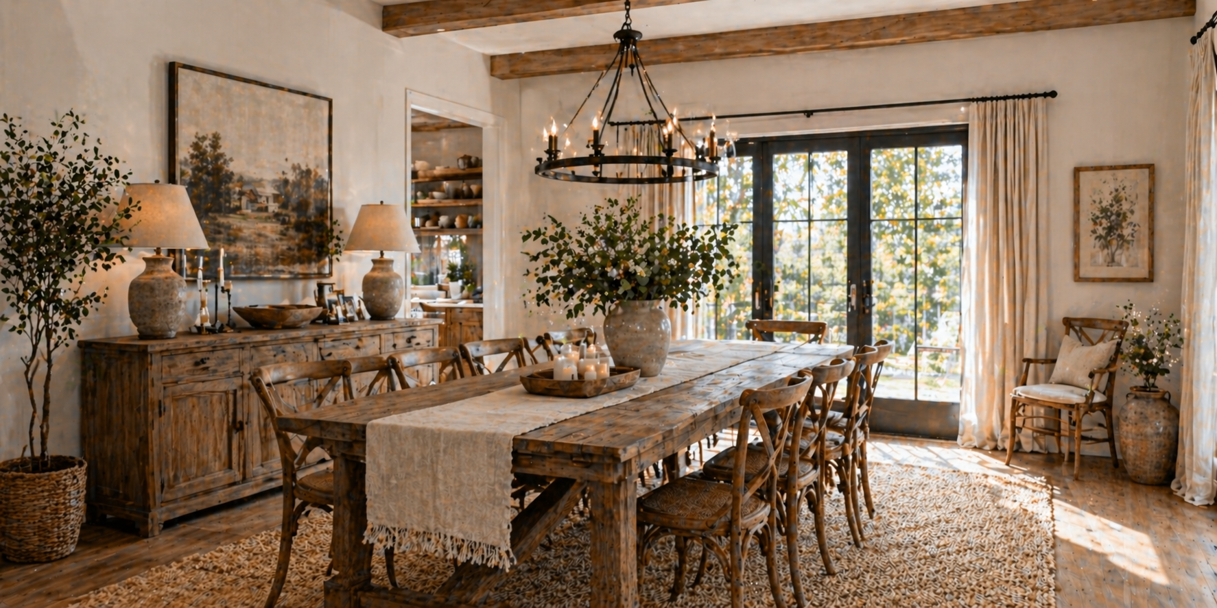 Warm, inviting modern farmhouse dining room with wooden table, mixed metal lighting, shiplap walls, linen curtains, and neutral tones