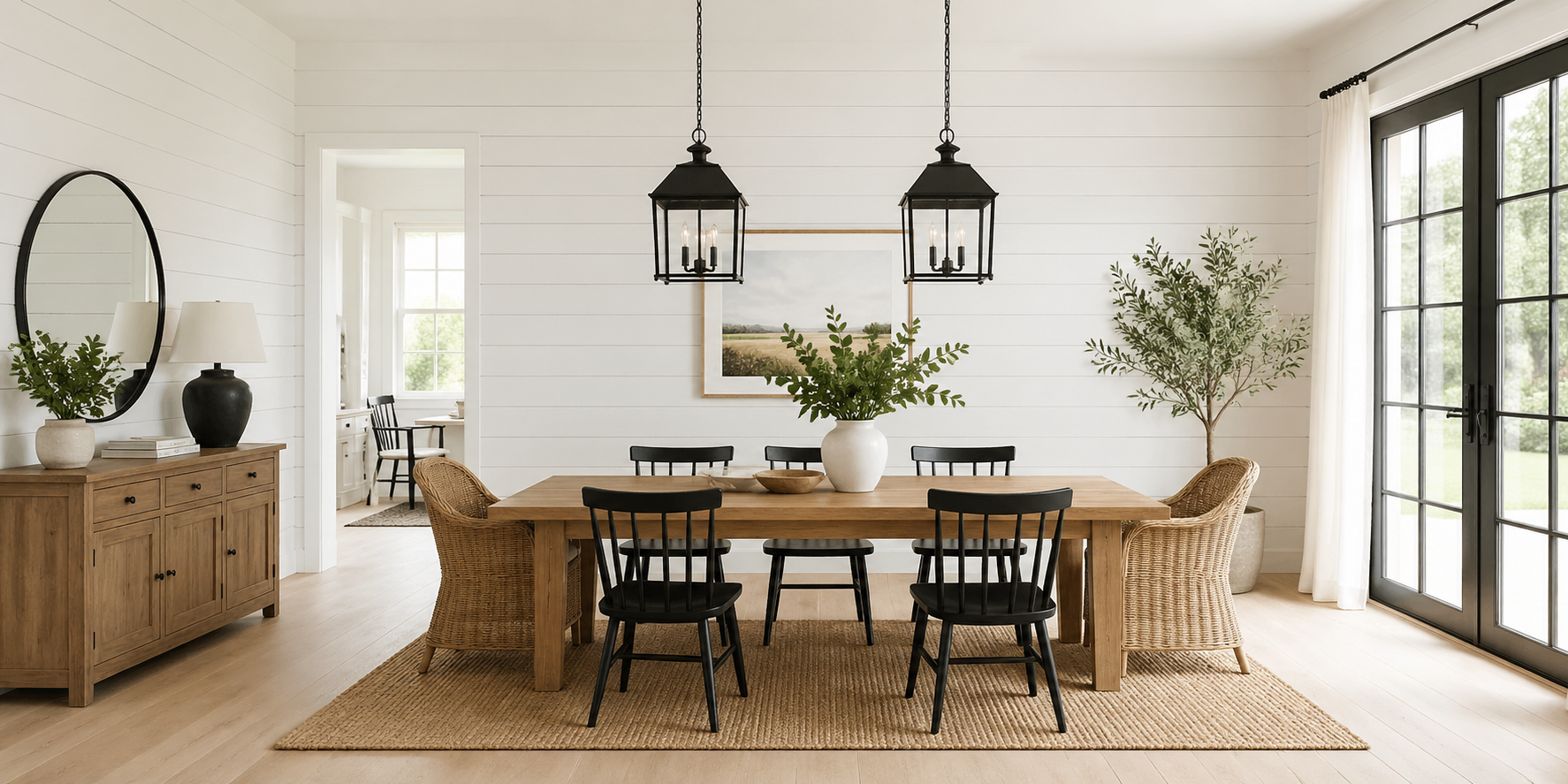 Dining room with white shiplap walls, oak table, woven rug, and farmhouse pendant lighting, bright daylight