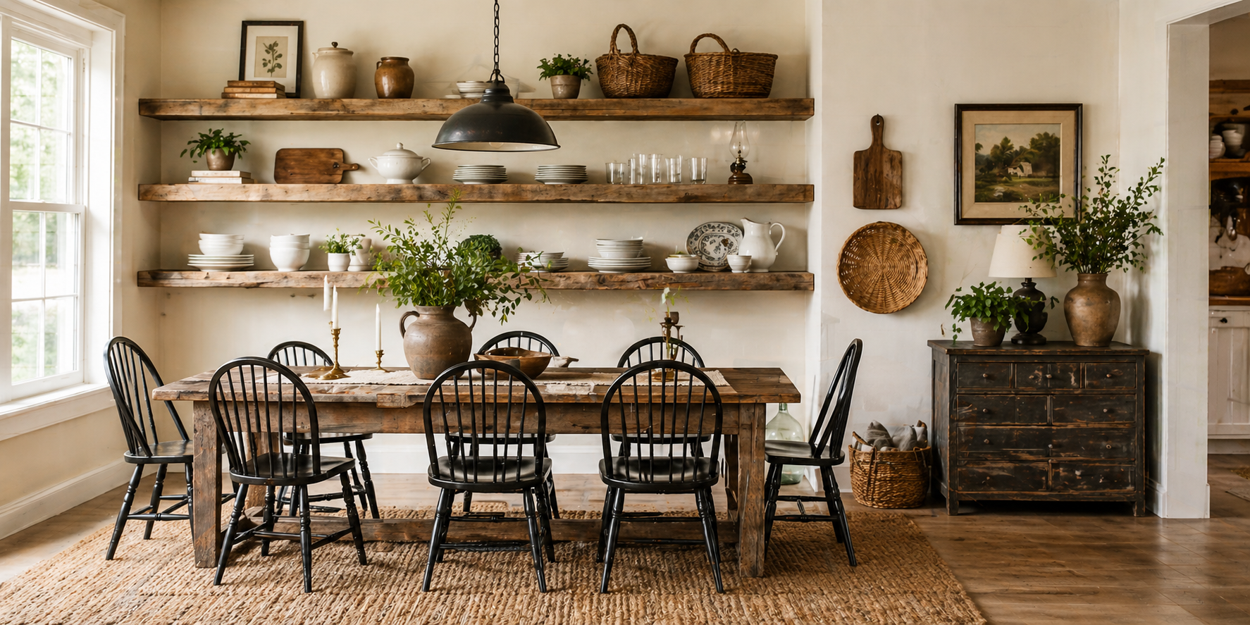 Dining area with reclaimed wood open shelves, vintage dishes, woven baskets, and rustic wall decor
