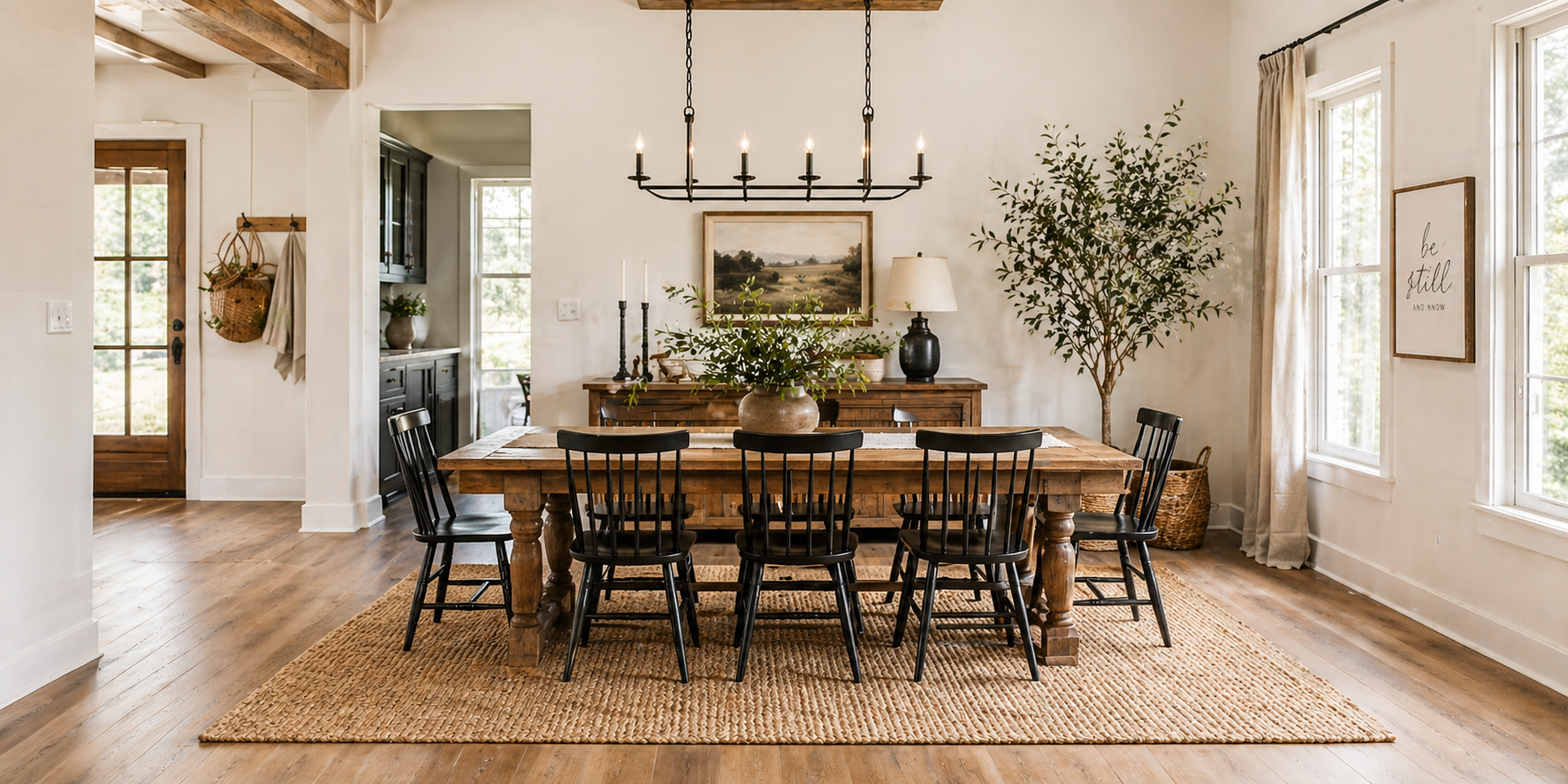Dining room with jute rug beneath wooden table, neutral color palette, and cozy farmhouse lighting