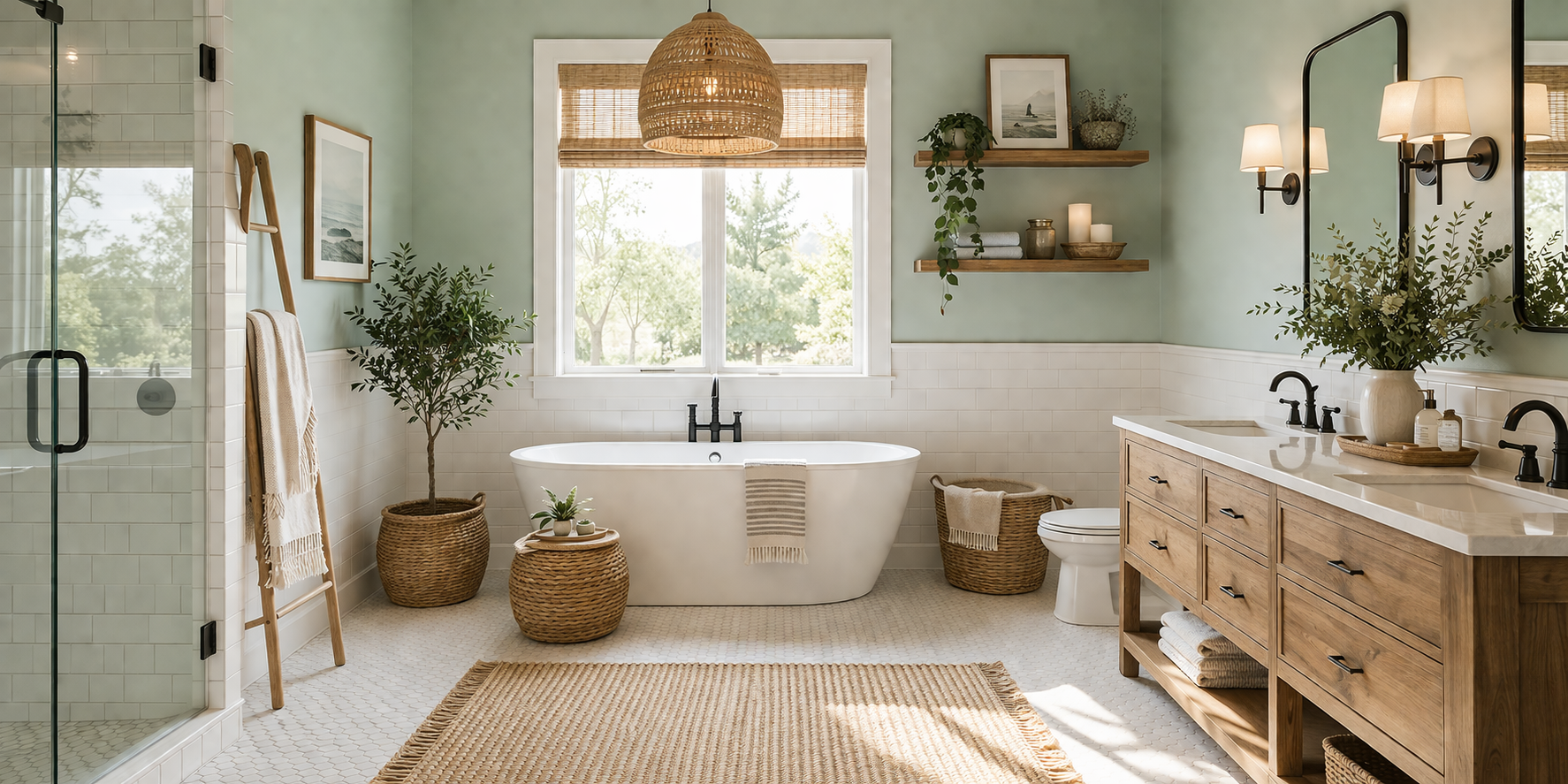 Bathroom with white shiplap walls, wooden vanity, wicker baskets, brass mirror, and coastal accents