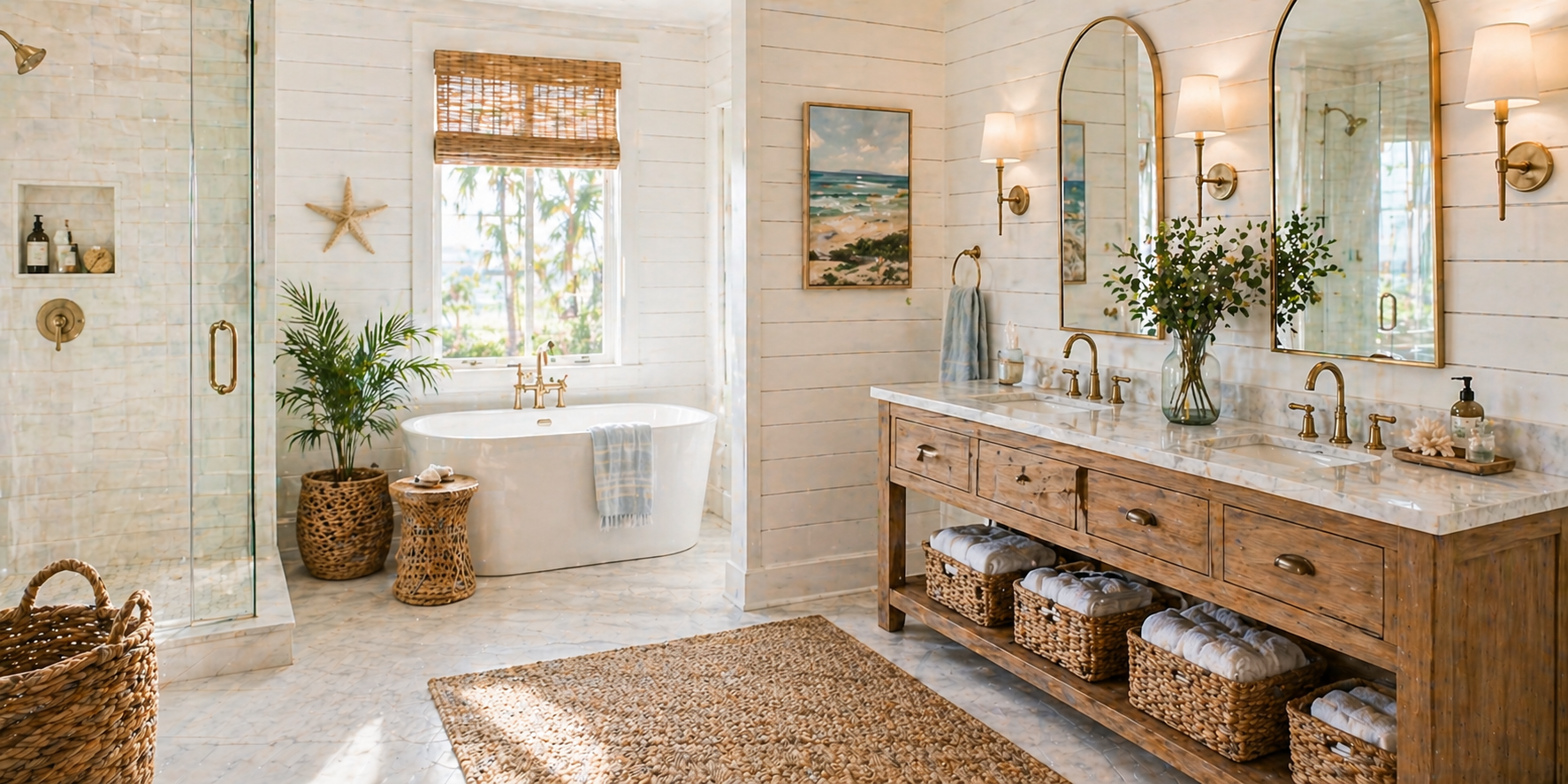 Bathroom with seafoam walls, white tiles, natural wood shelves, and woven accents