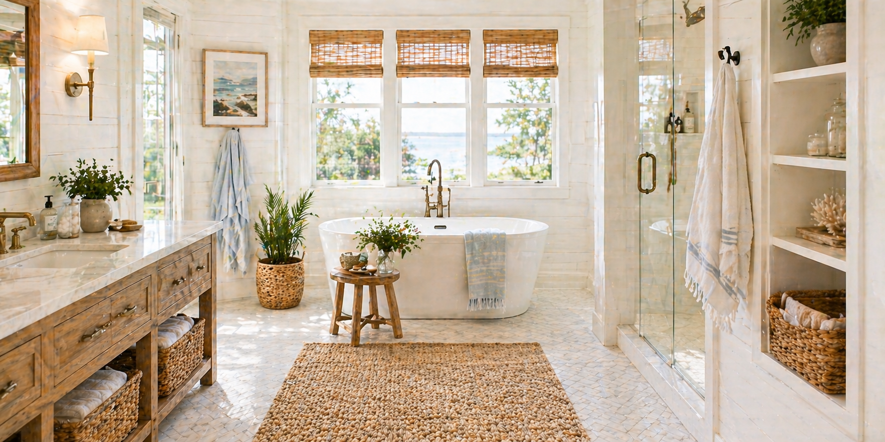 Bright bathroom with freestanding white tub, wood stool, woven rug, and coastal light