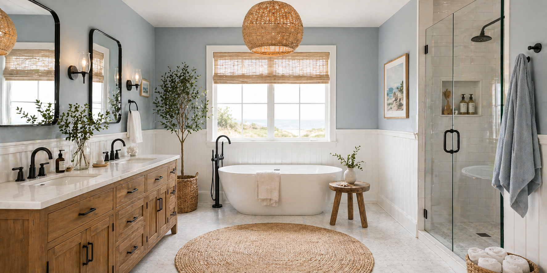 Bathroom with white beadboard half wall, sea-blue upper paint, wooden vanity, and coastal decor