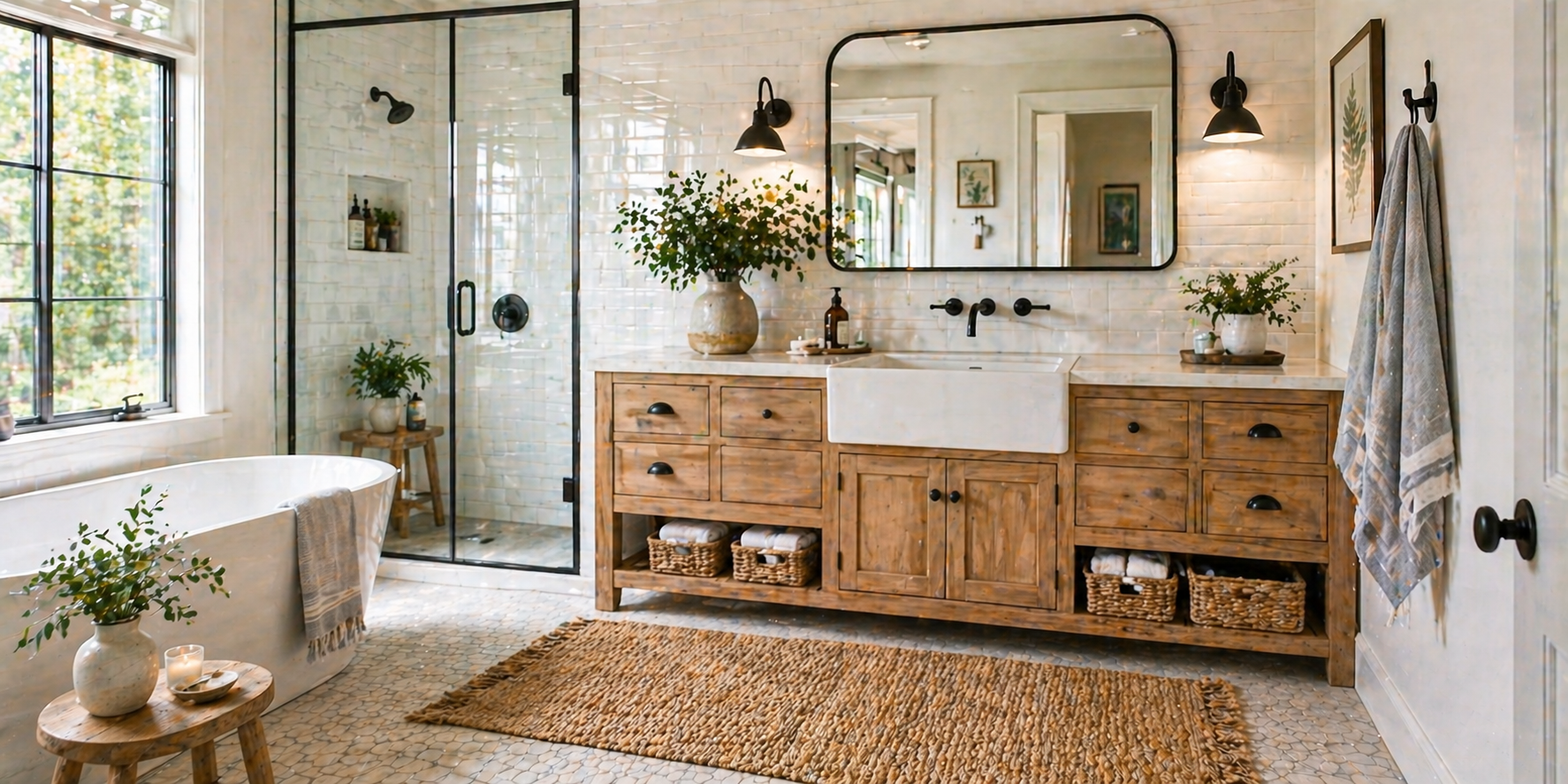 Bathroom with reclaimed wood beams, white shiplap walls, black fixtures, and rattan accents