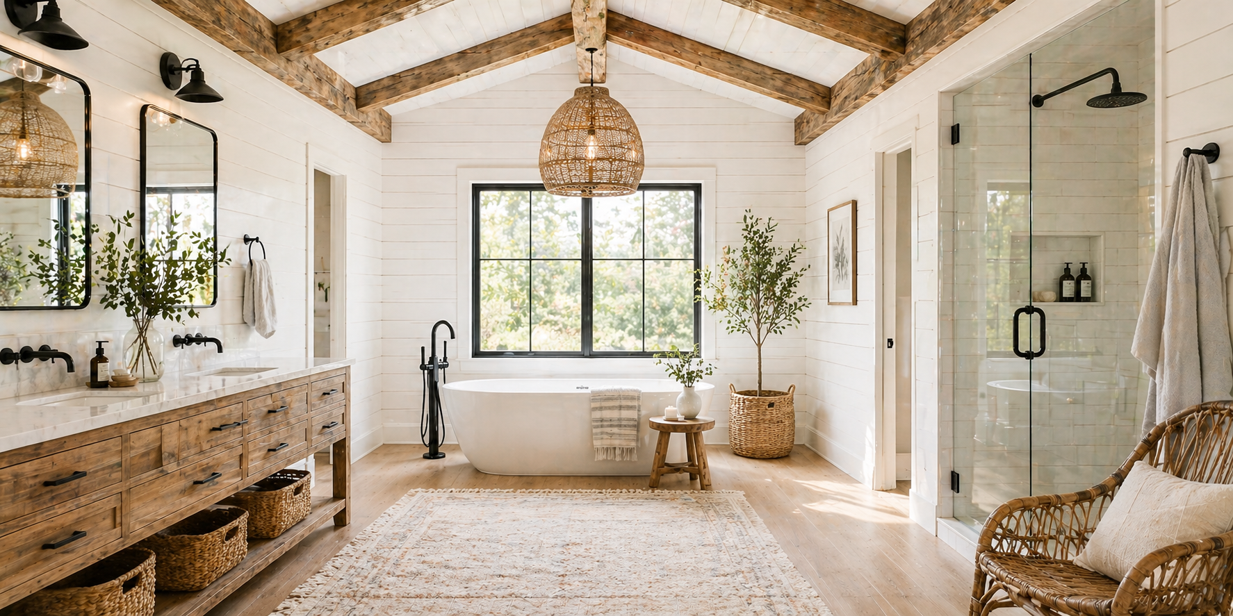 Bathroom with reclaimed wood beams, white shiplap walls, black fixtures, and rattan accents