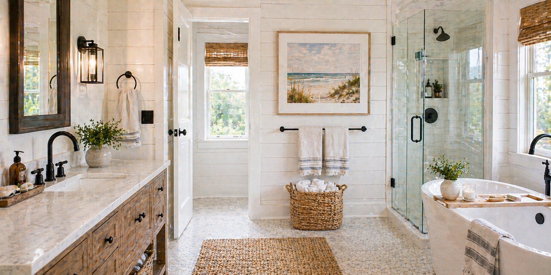 Bathroom with framed coastal artwork above towel rack, white shiplap walls, and neutral decor