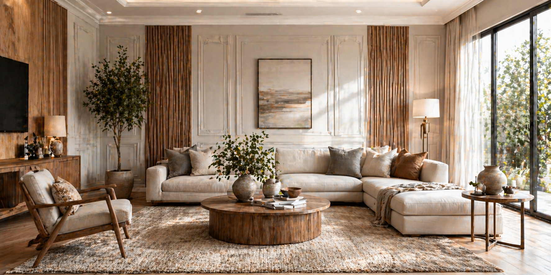 Elegant modern living room featuring decorative wall paneling in contrasting textures