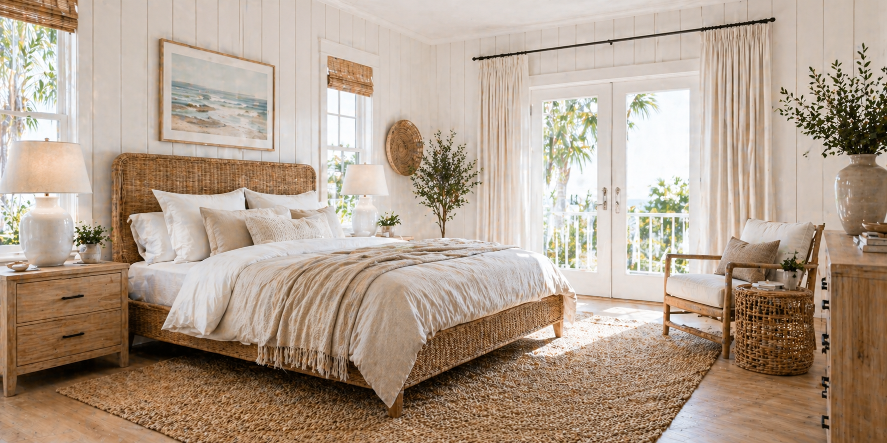Bedroom with vertical white shiplap walls, rattan bed frame, neutral bedding, and coastal decor, soft natural light