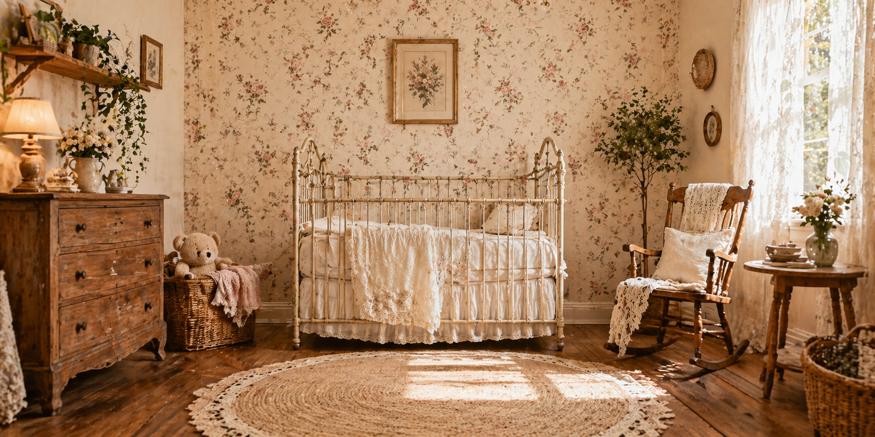 Vintage iron crib with lace bedding, floral wallpaper backdrop, wooden flooring, and warm ambient light,