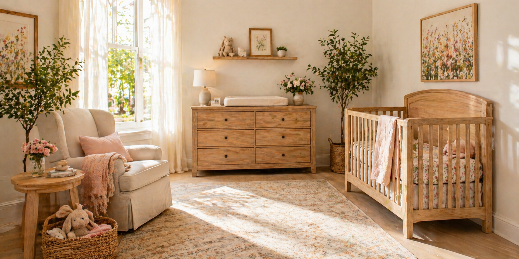 Nursery with natural oak furniture, soft beige rug, floral accents, and sunlight streaming through curtain