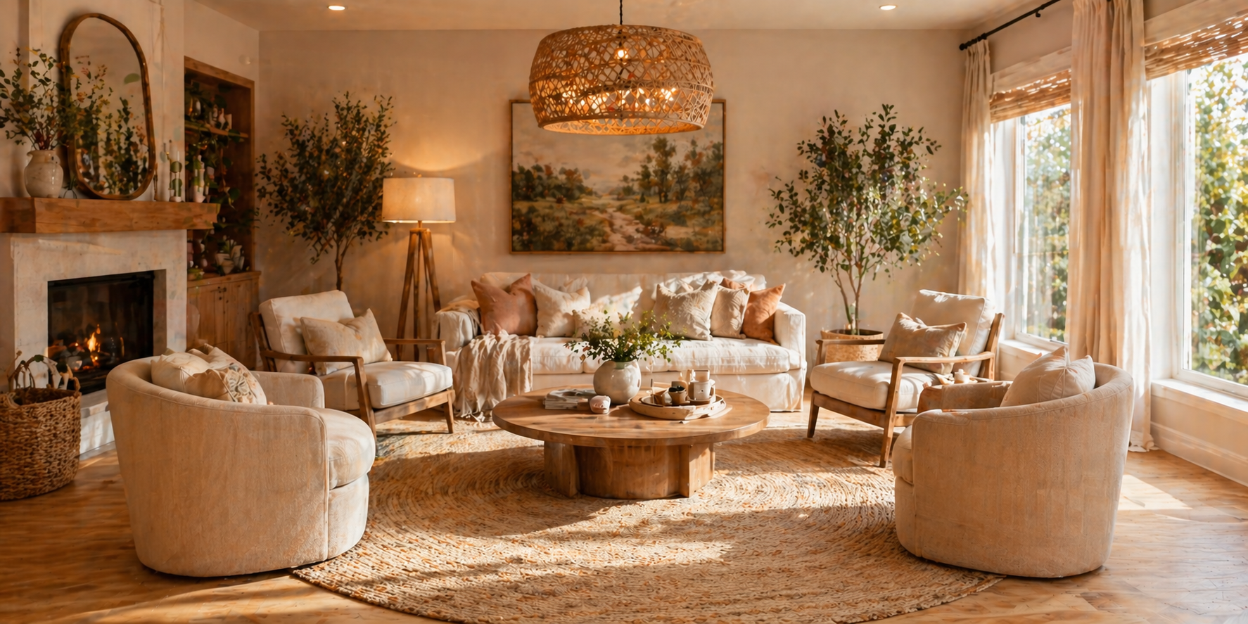 Living room with armchairs and sofa arranged in circle over area rug, coffee table centerpiece, soft lighting
