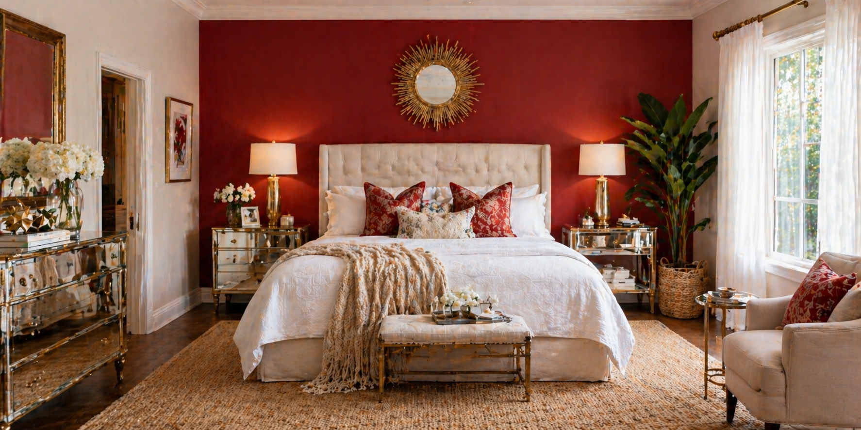 Neutral-toned bedroom with red throw pillows, small red lamp, abstract red art, and wooden accents, bright morning light