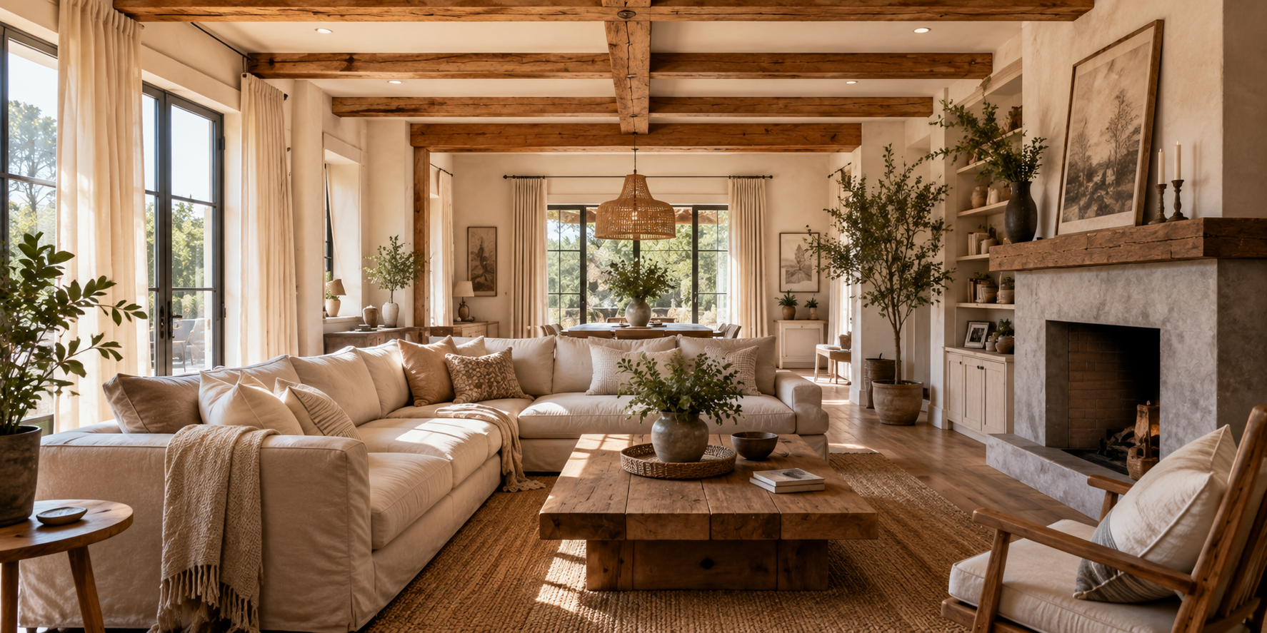 Living room with natural wood-wrapped beams, neutral color palette, linen curtains, soft lighting, and textured decor.