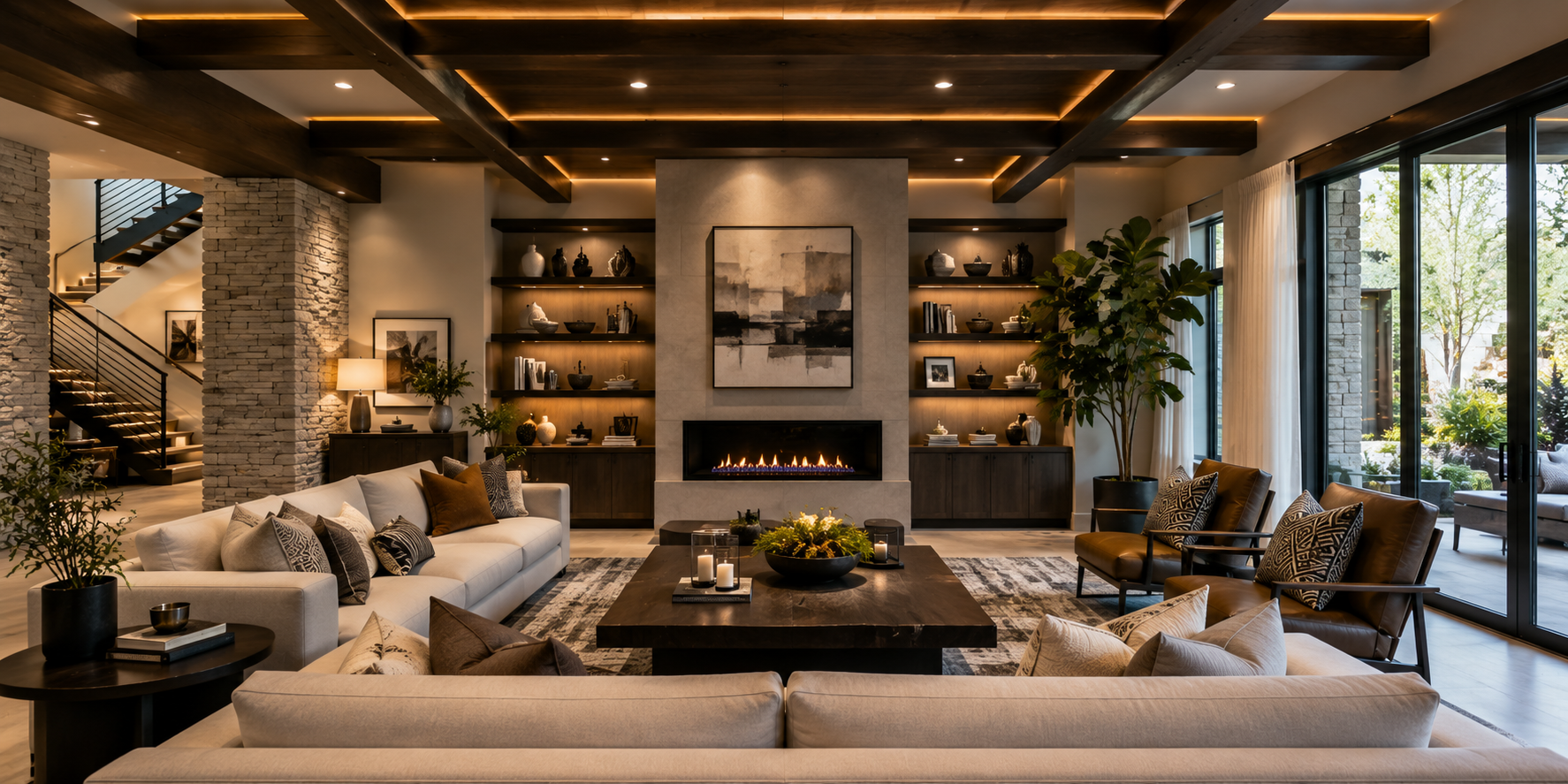 Contemporary living room with dark wood beams featuring recessed LED lights, cozy seating area, and modern decor.
