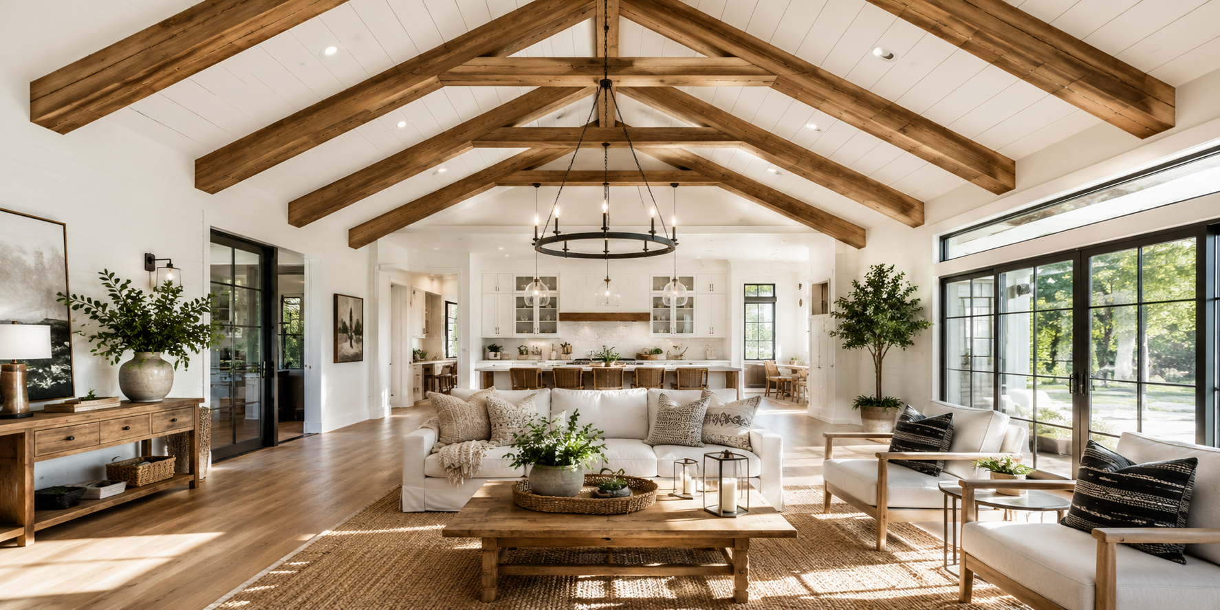 Modern farmhouse with real and faux wood beams aligned symmetrically across a white ceiling, sunlight streaming in.