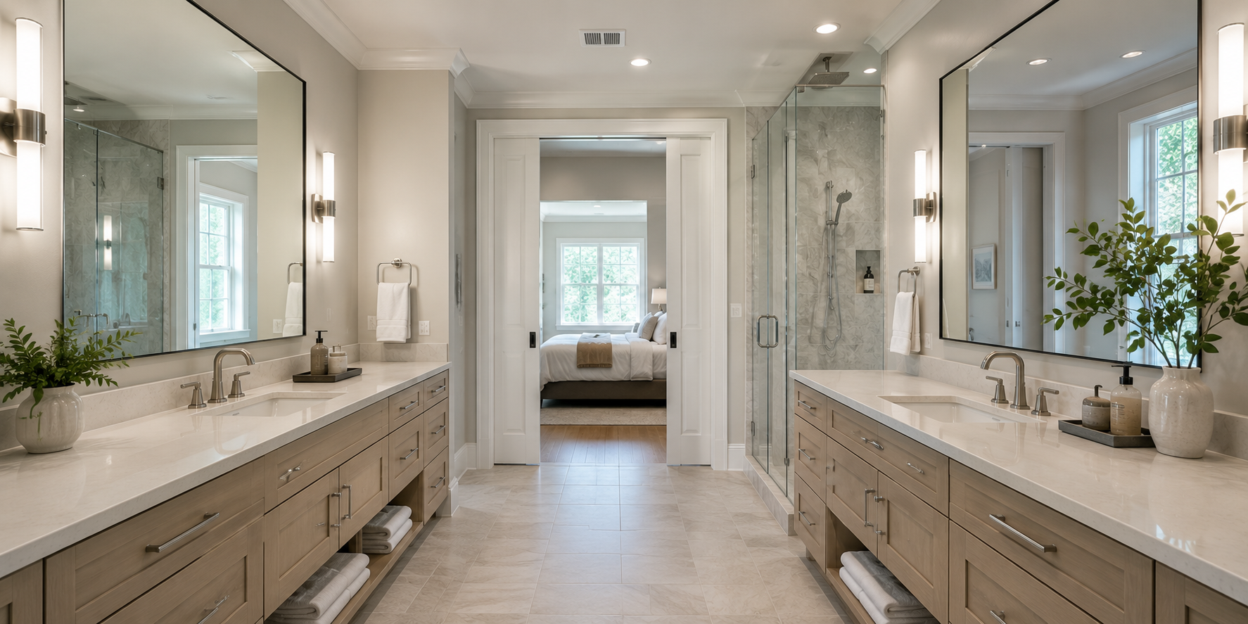 Modern galley bathroom with symmetrical layout, pocket door, clear central walkway, sleek fixtures, bright natural light.