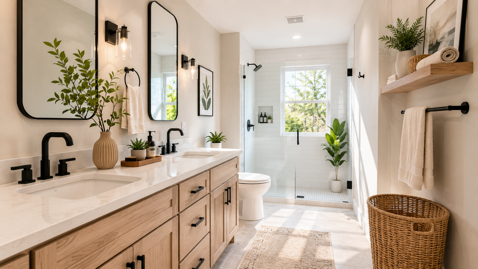 Modern galley bathroom with symmetrical layout, pocket door, clear central walkway, sleek fixtures, bright natural light.