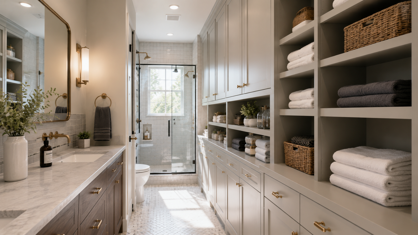 Tall built-in shelving reaching ceiling, wall-mounted cabinets in narrow galley bathroom, neatly arranged towels and baskets.