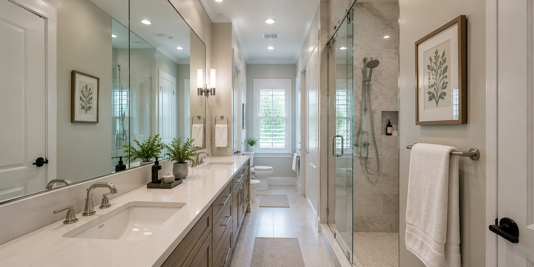 Narrow galley bathroom with wall-to-wall mirror reflecting window light, bright modern design, visual illusion of larger space.