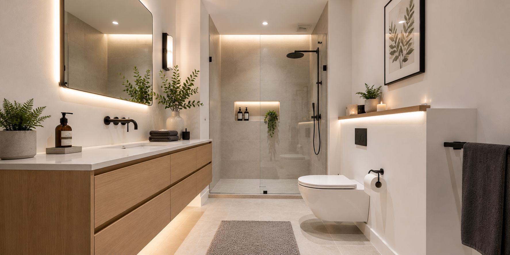 Modern floating vanity and wall-mounted toilet in galley bathroom, light stone floor, hidden lighting, sleek contemporary design.
