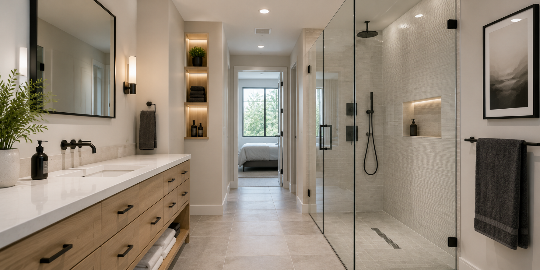 Frameless glass shower enclosure in galley bathroom, continuous floor tile pattern, open sightlines, minimalist style.