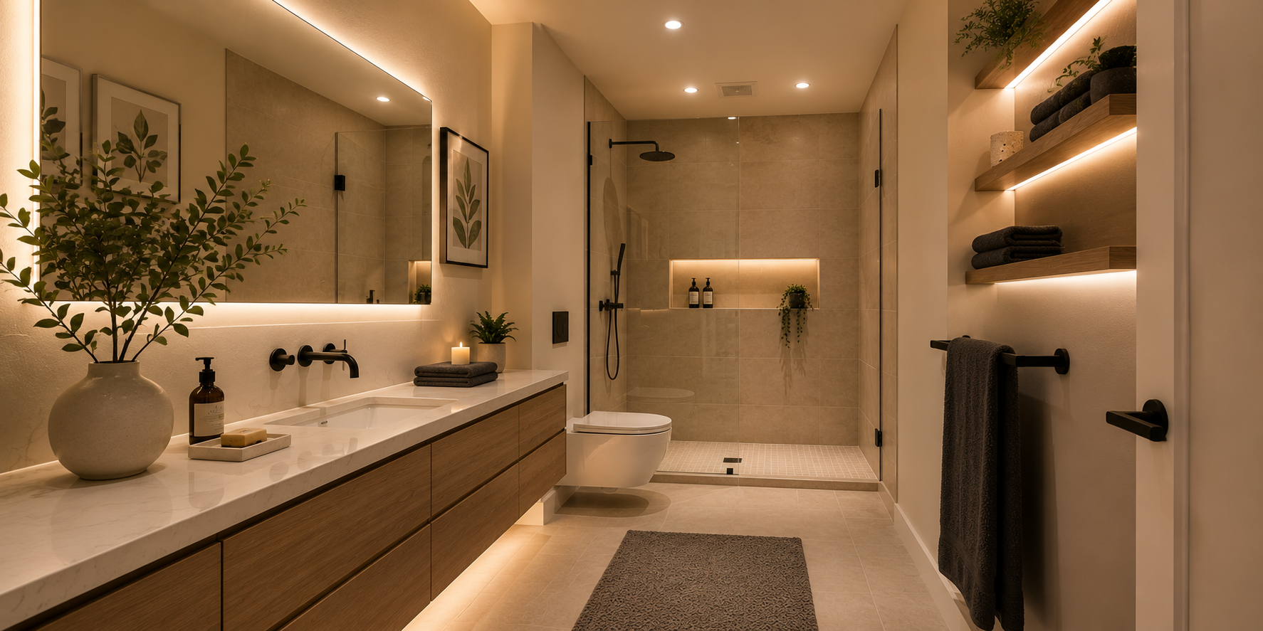 Galley bathroom with layered lighting setup—recessed ceiling lights, LED vanity strips, under-sink glow, warm modern ambience.