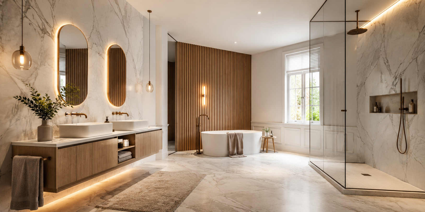 Modern luxury bathroom with diverse wall panelling styles — marble-effect panels, vertical wood slats, white wainscoting, glass shower,