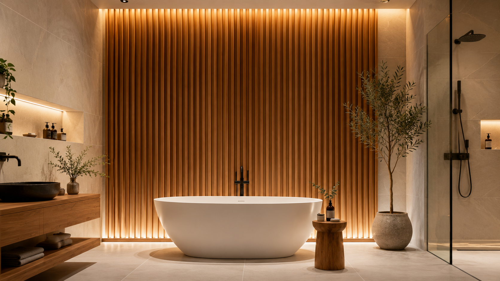 Tall vertical wood-effect slat panels behind freestanding tub, warm LED backlighting, white tiles, and matte fixtures, serene spa mood.