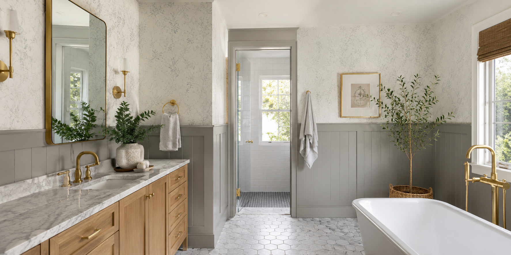 Bathroom with half-height gray wainscoting, white wallpaper above, brass fixtures, and hexagonal tile floor, elegant transitional design.