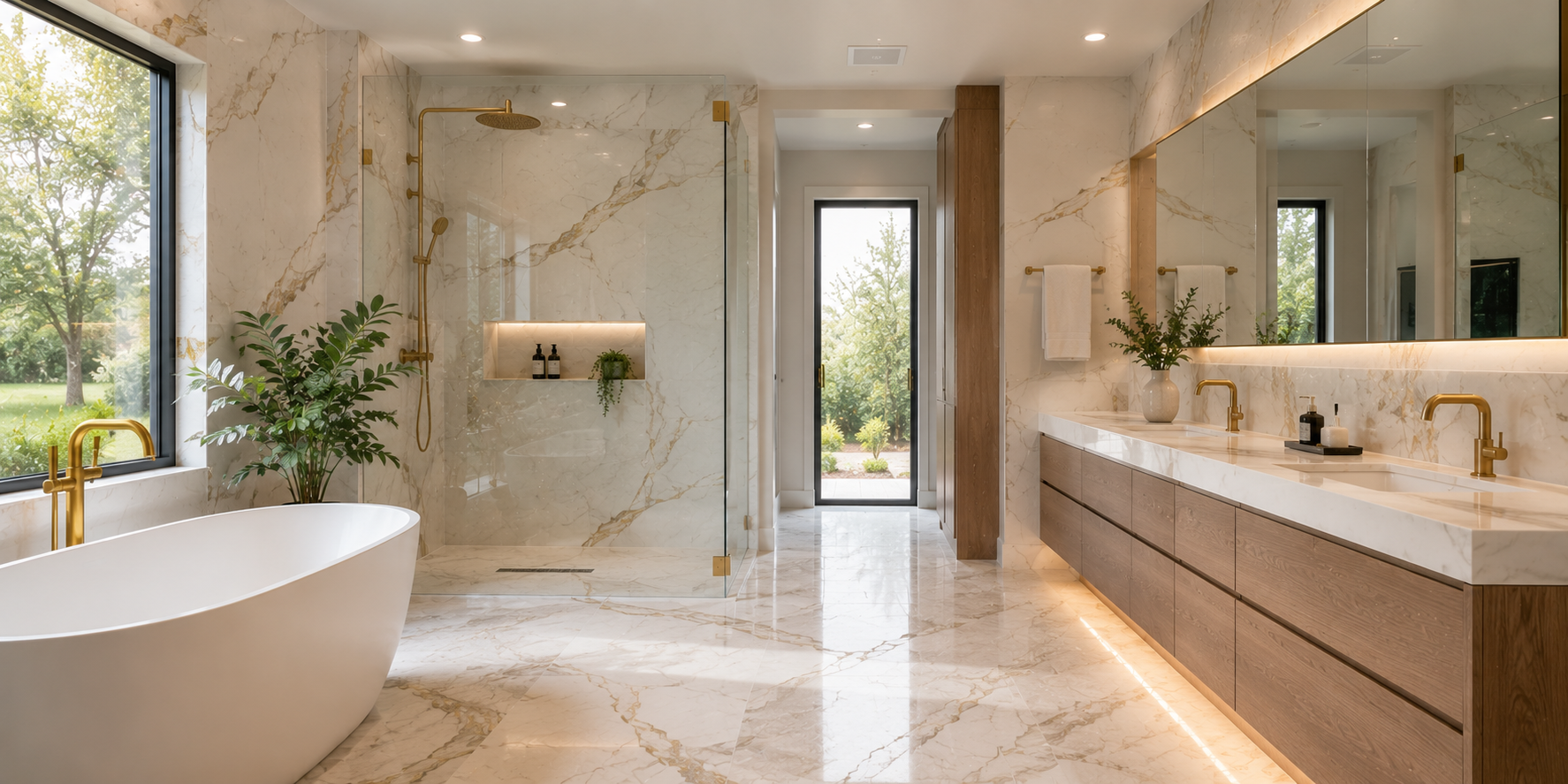 Luxury bathroom with seamless marble-effect panels, gold faucets, large mirror, a frameless shower, and bright natural light