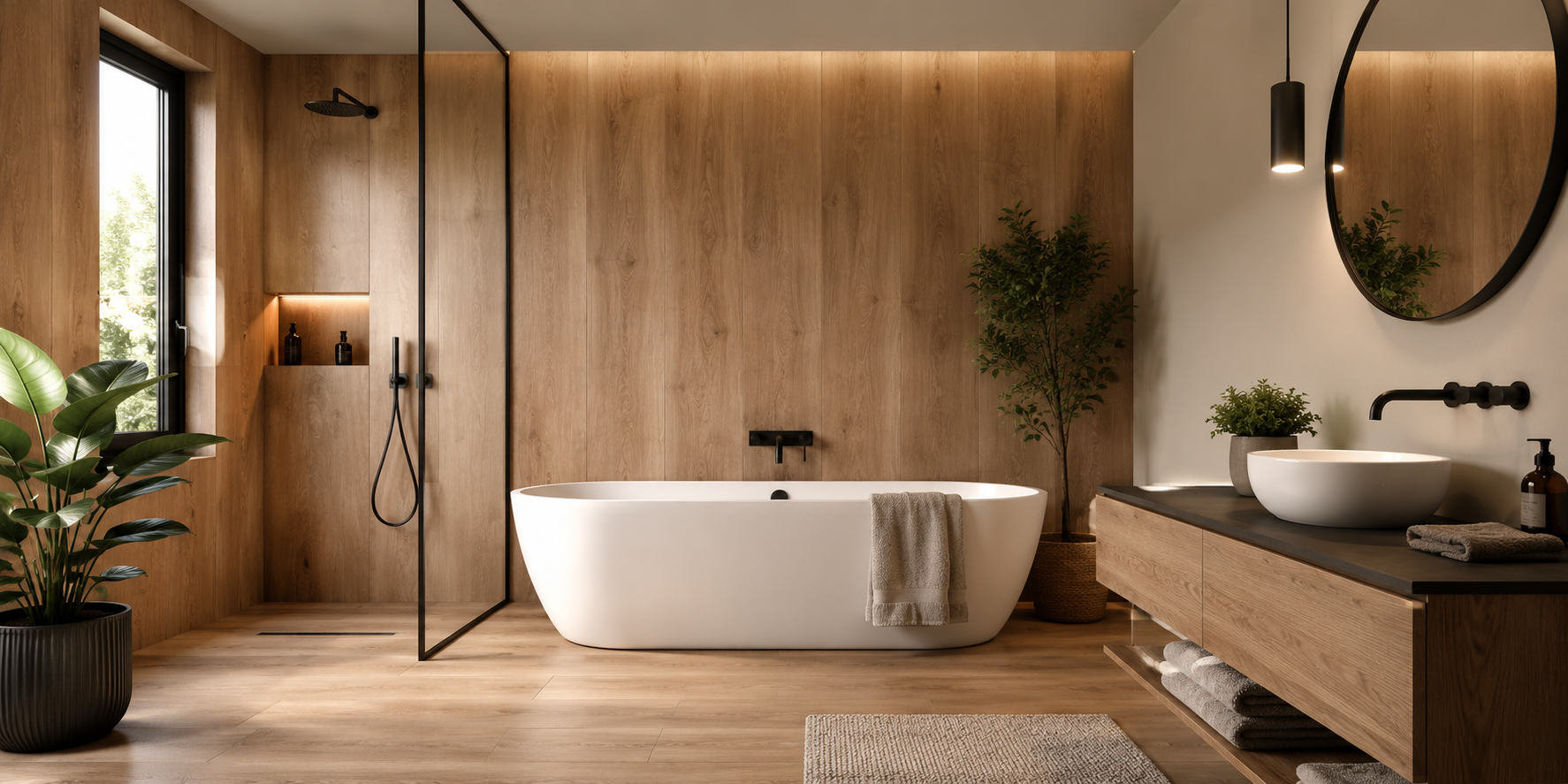 Contemporary bathroom featuring oak-look waterproof wall panels, matte black fittings, white tub, and greenery accents, cozy spa vibe.