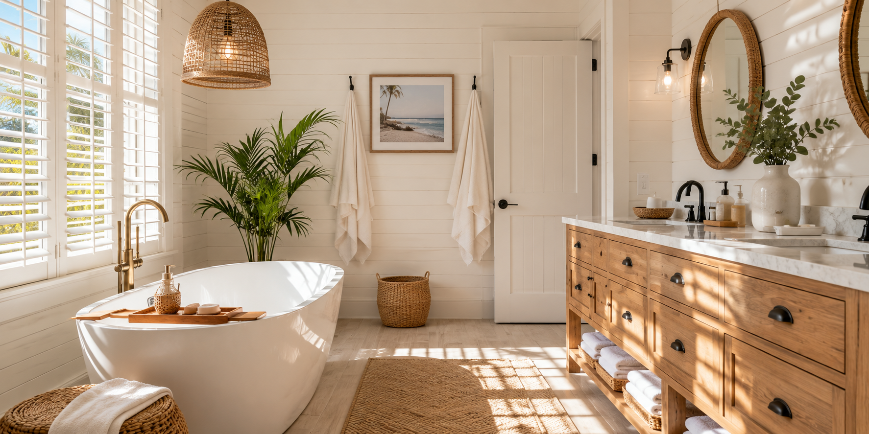 Bright bathroom with white shiplap walls, woven accents, natural wood vanity, and sunlight filtering through shutters, coastal mood.