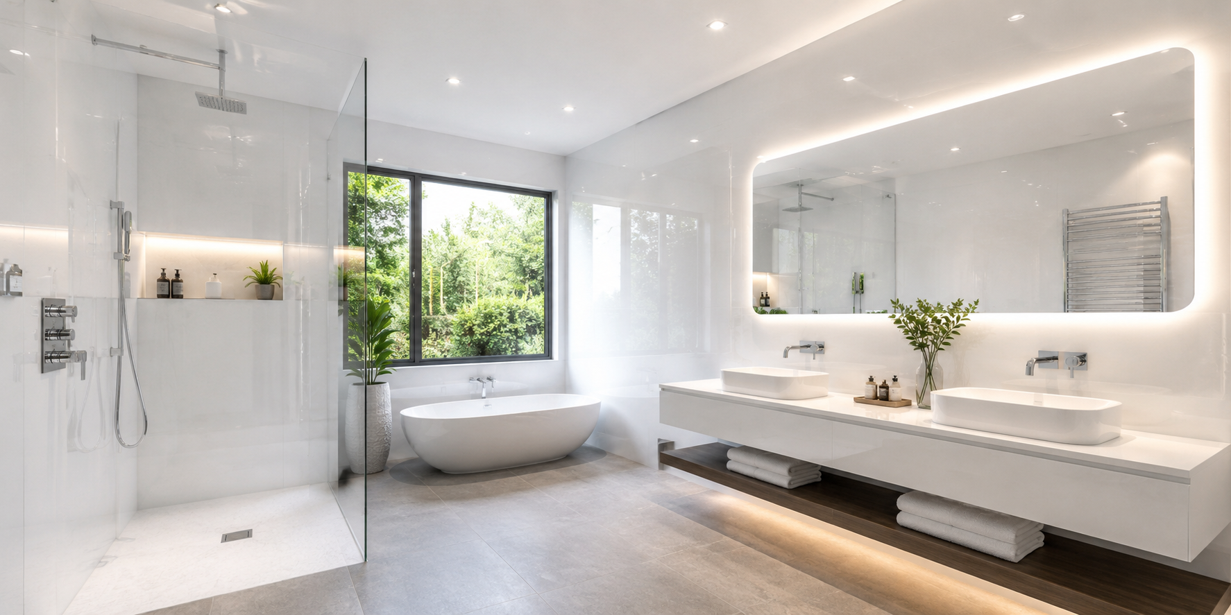 Sleek bathroom with glossy white acrylic wall panels, LED mirror, floating vanity, and polished chrome fixtures.