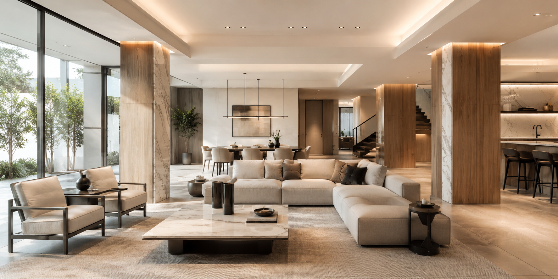 Modern living room interior featuring decorative wrapped columns in wood and marble finishes, neutral palette, natural light, open concept layout, and elegant architectural design.
