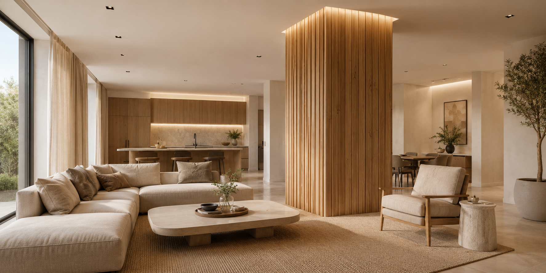 Modern living room column wrapped in vertical oak panels, neutral furnishings, and warm lighting.