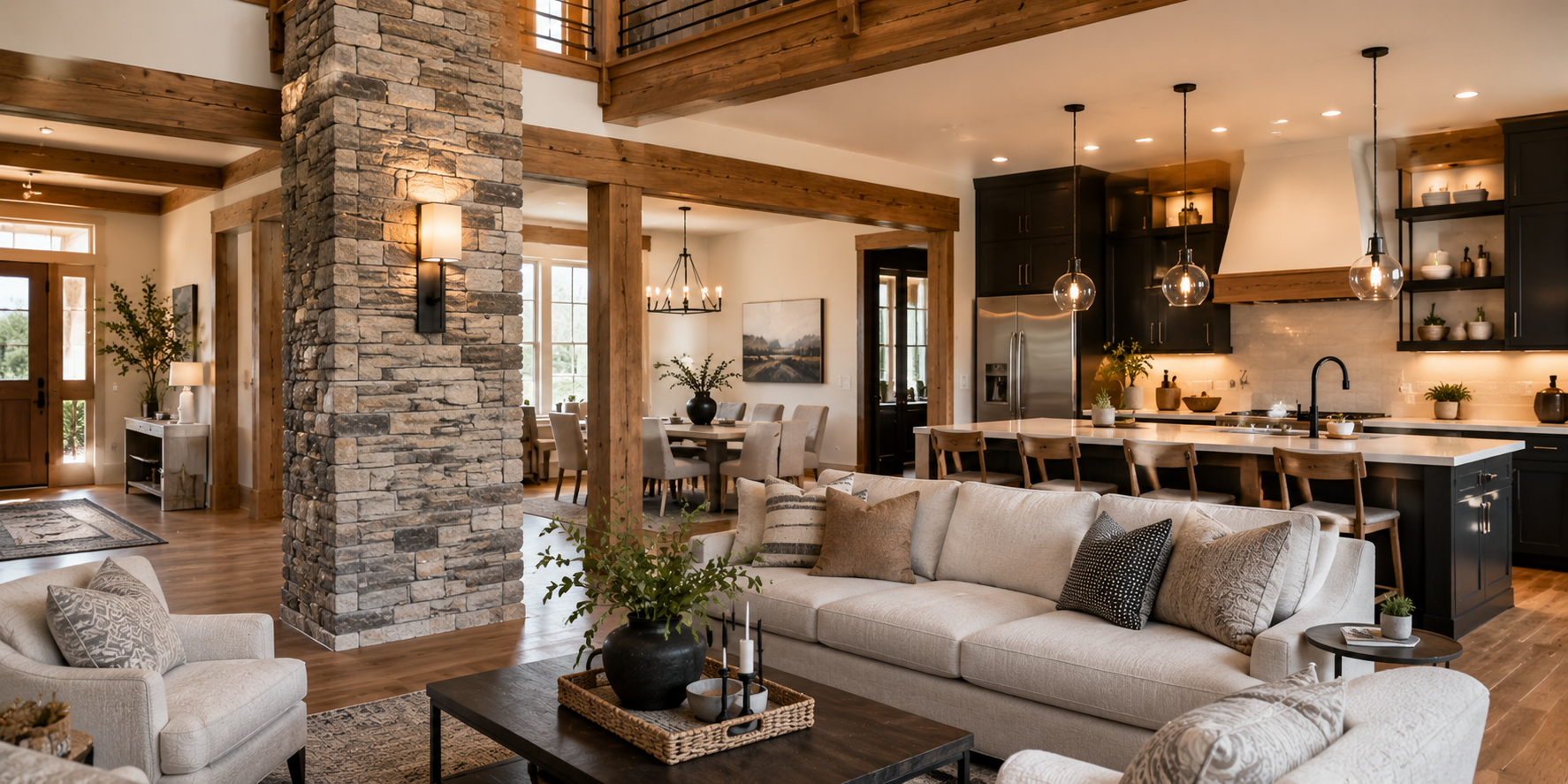 Modern living room column wrapped in vertical oak panels, neutral furnishings, and warm lighting.