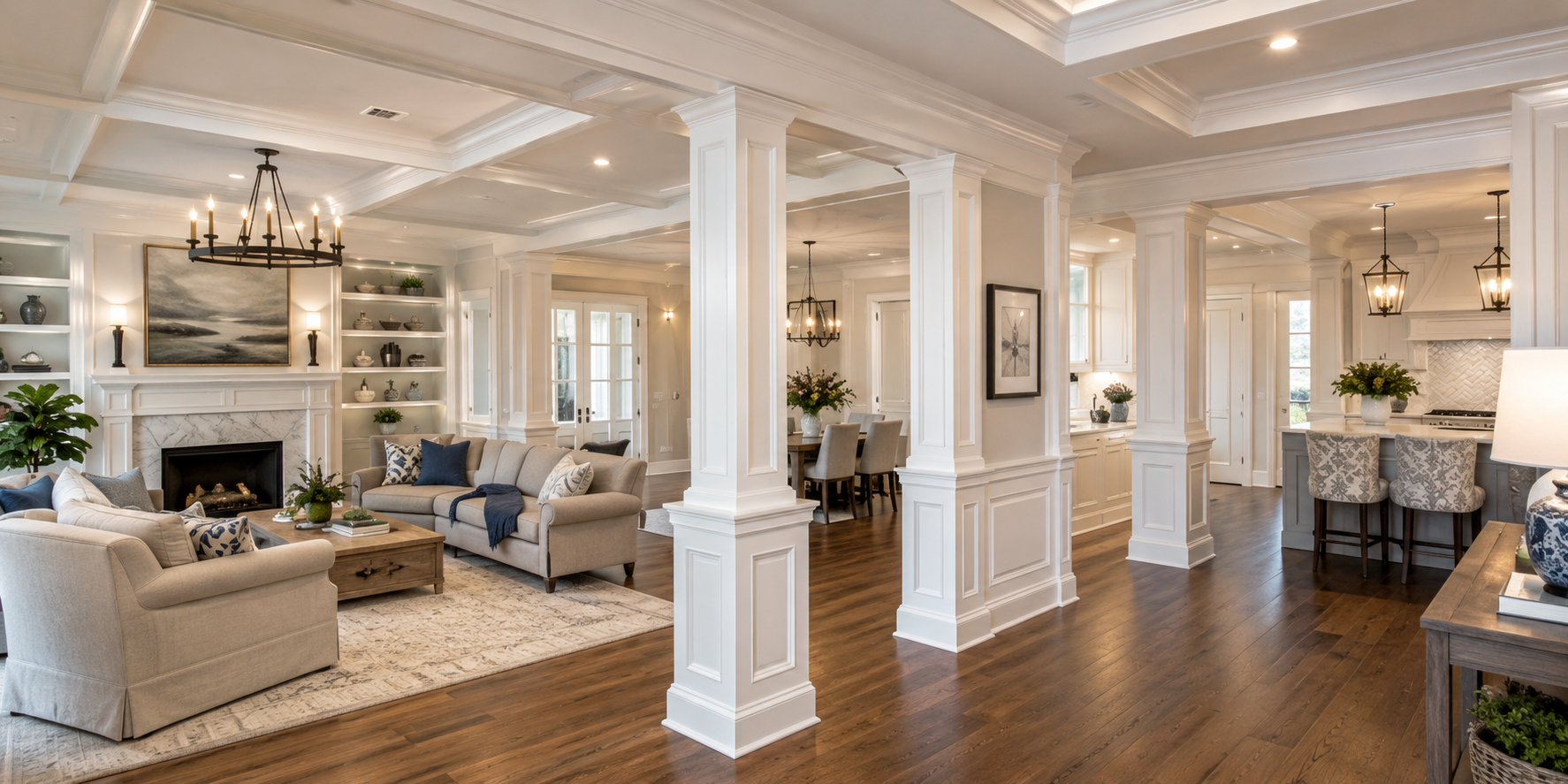 Classic interior with white wainscoted columns, crown molding, and coffered ceiling details.