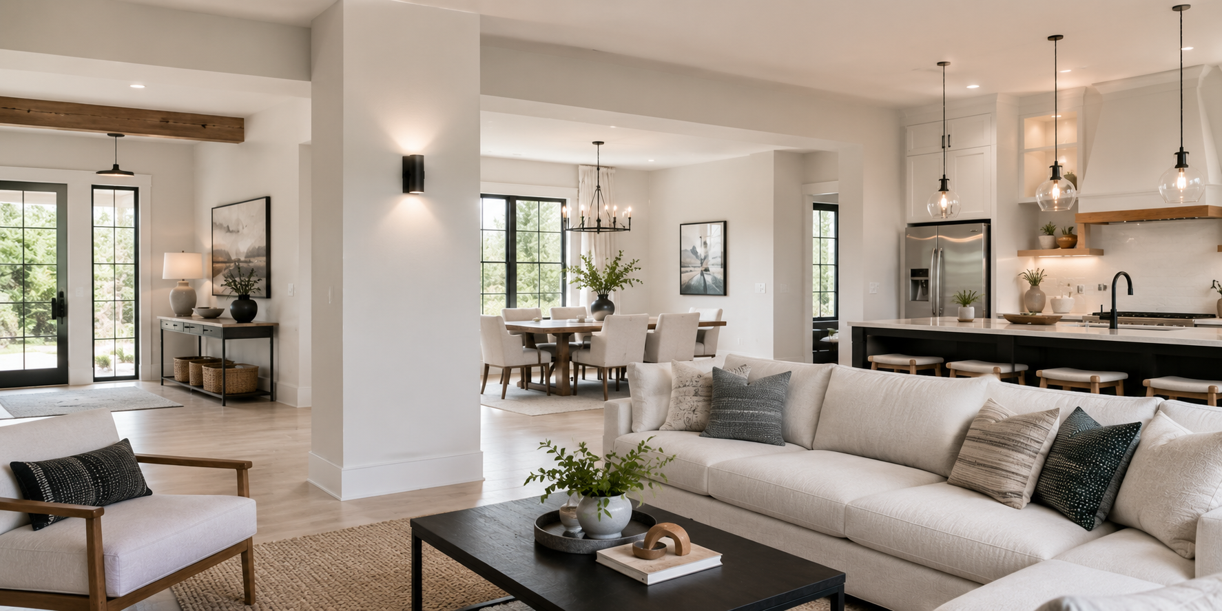 Modern open living room with painted column matching wall color, minimal decor, and natural lighting.