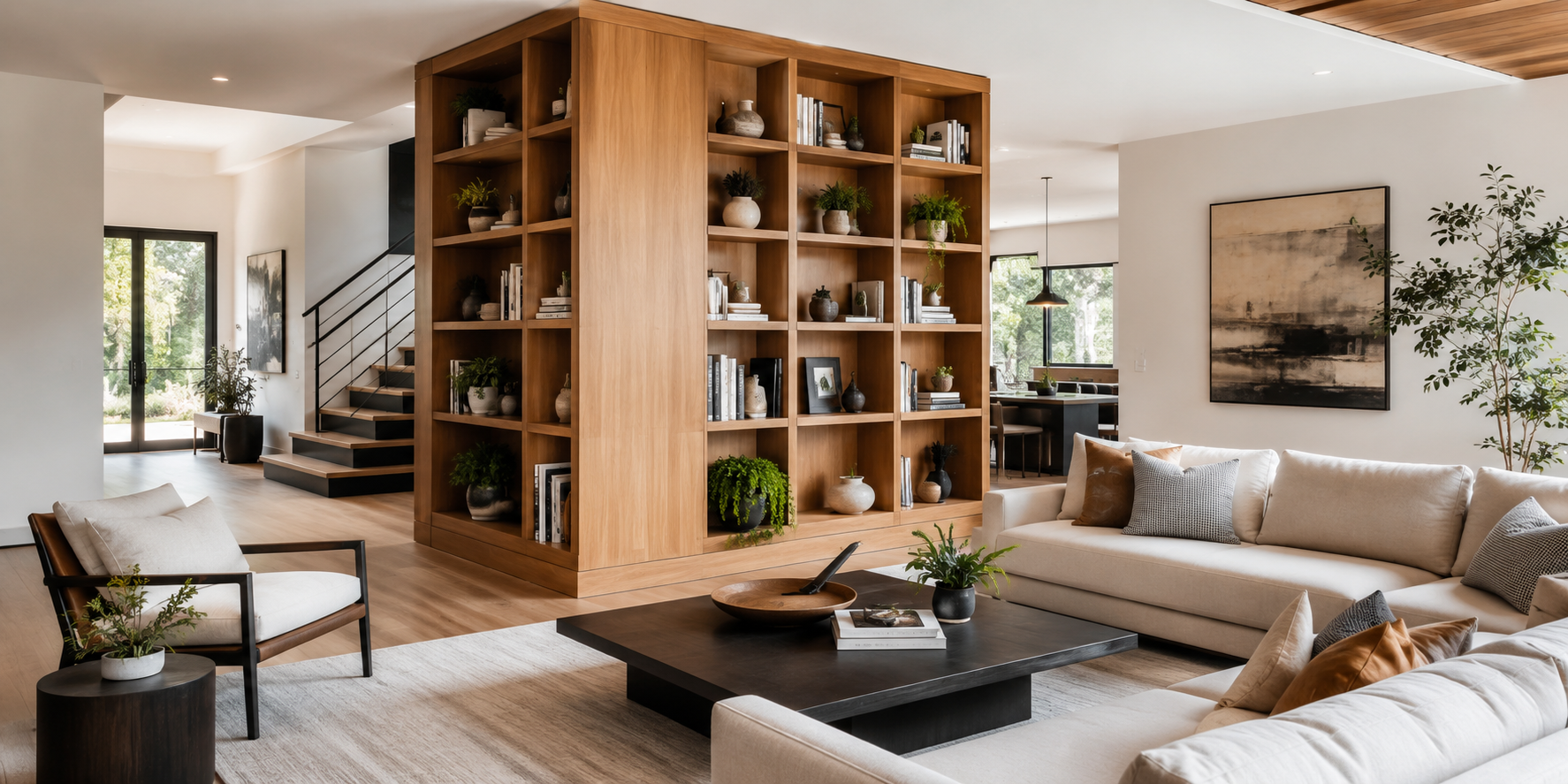 Living room with a column enclosed by built-in wooden shelving filled with books and decor.