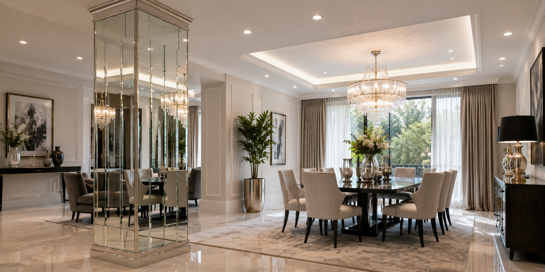 Dining room column wrapped in mirrored panels, reflecting natural light and chandelier glow.