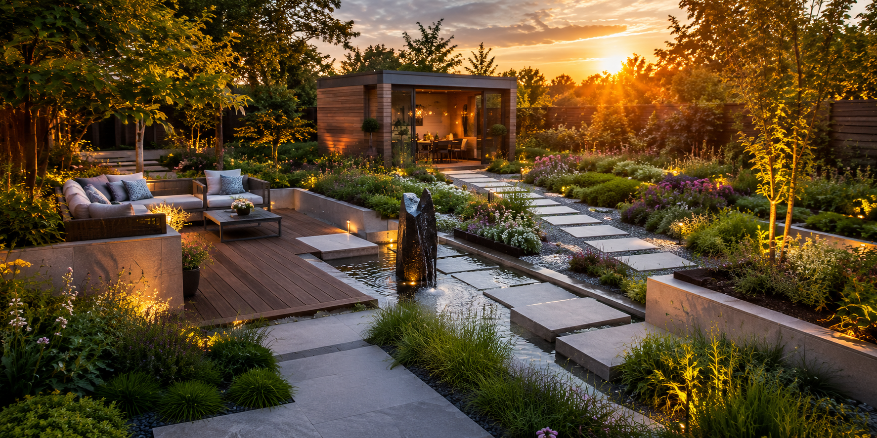 Expansive modern garden with layers of lush plants, stone pathways, wooden deck seating, sculptural water feature, and golden sunset lighting