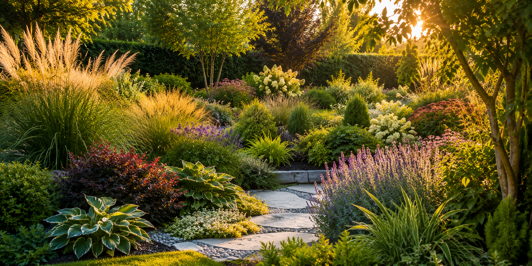 Lush, multi-layered garden with tall grasses, mid-height shrubs, and ground covers, golden sunlight streaming through leaves.