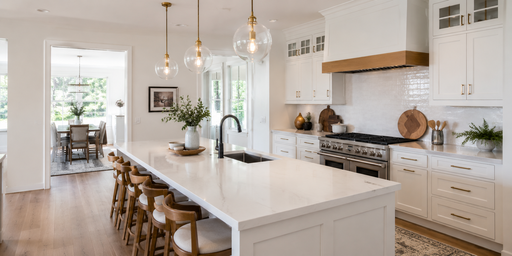 A bright kitchen with a large central island, undermount sink, pendant lights, and wooden bar stools. White cabinets and quartz counters.