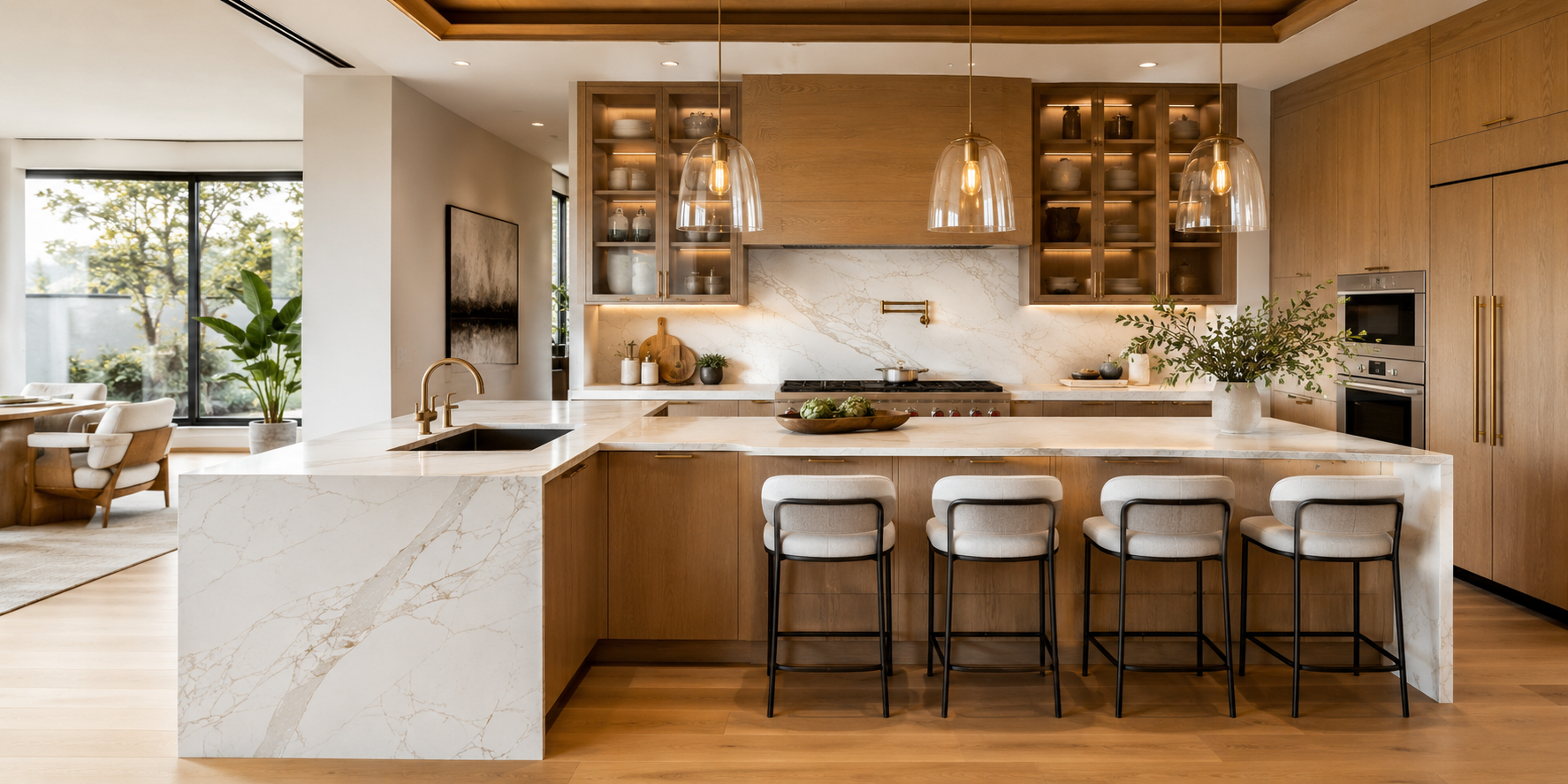 A large L-shaped island with sink on one wing, bar stools on the other, marble and oak finishes, and pendant lights above